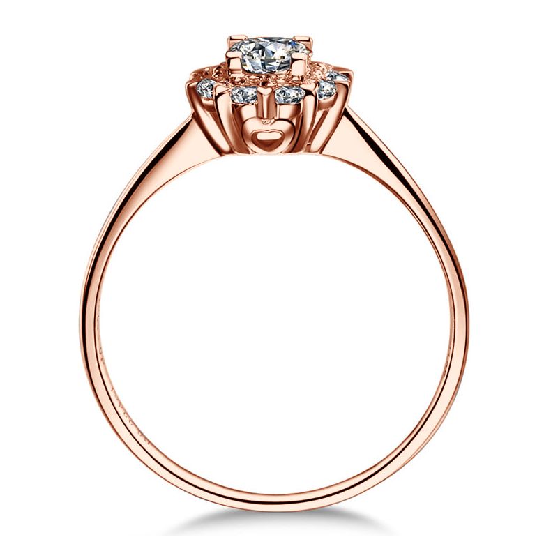 Solitaire bague or rose - Coeur caillouté - Pavage diamants 0.33ct - 3