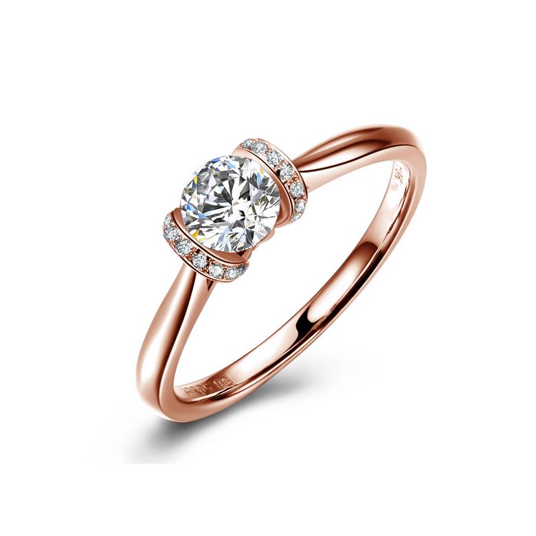 Diamants sertis - Or rose 18 carats - Bague solitaire - 1