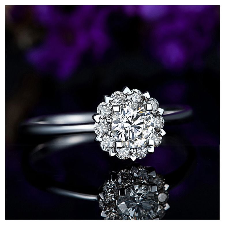 Bague Or Blanc Solitaire - Coeur Caillouté - Diamants pavés | Coeur Caillouté - 9