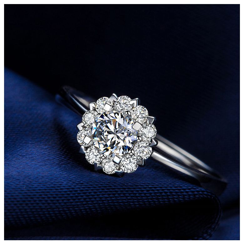 Solitaire bague platine - Coeur caillouté - Pavage diamants 0.33ct - 5