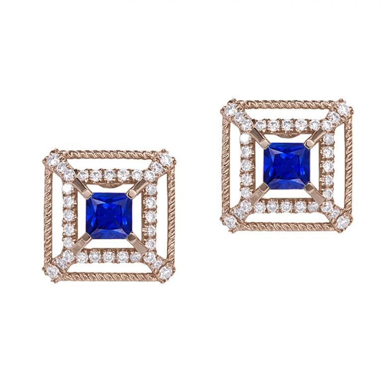 Boucle d Oreille carré de lumière - Or rose, saphir, diamant - 1