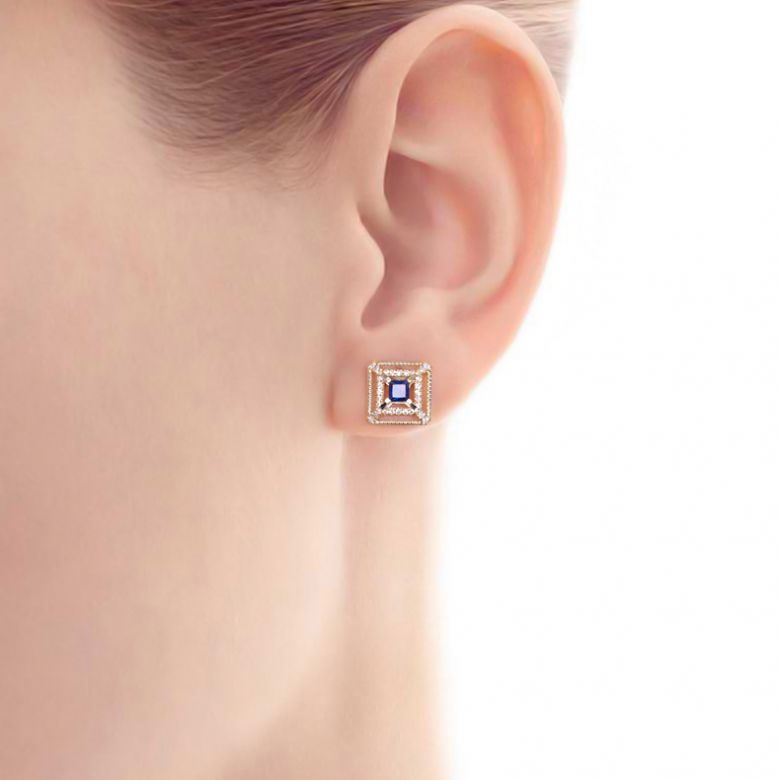 Boucle d Oreille carré de lumière - Or rose, saphir, diamant - 2