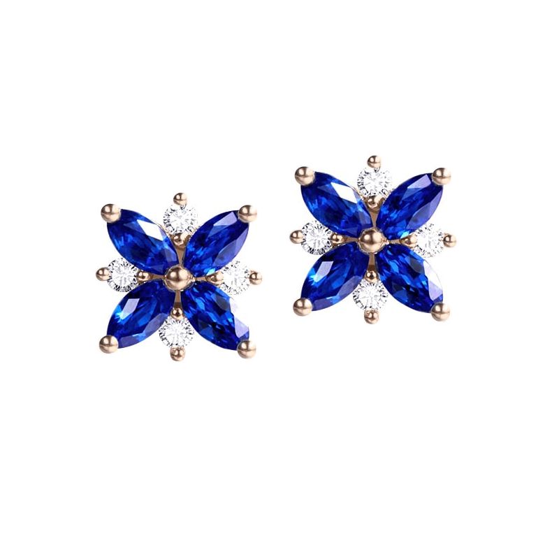 Boucle oreille fleur saphir bleu, diamant, or rose - Véronique des ruisseaux - 1
