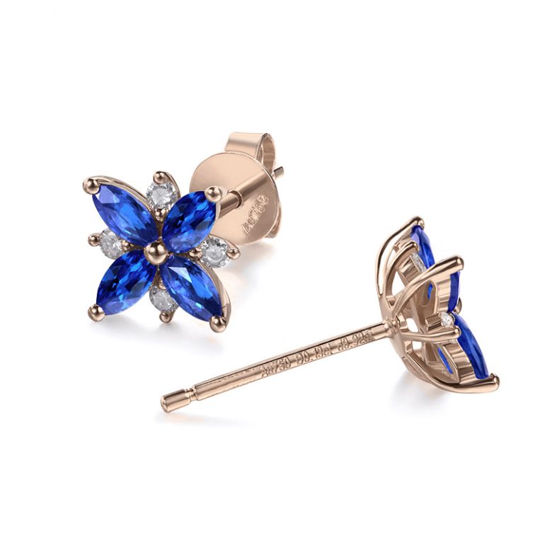Boucle oreille fleur saphir bleu, diamant, or rose - Véronique des ruisseaux - 4