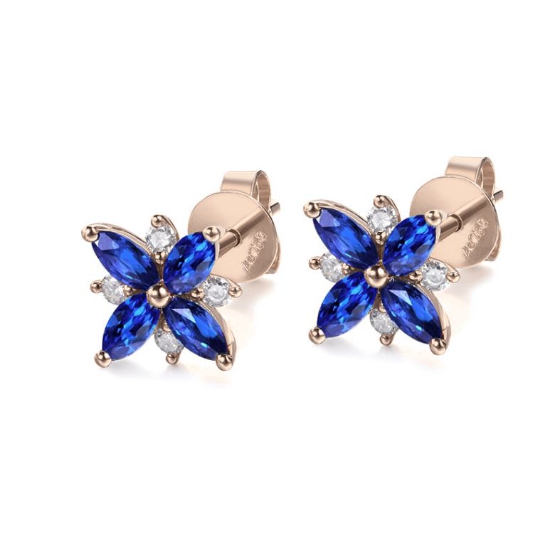Boucle oreille fleur saphir bleu, diamant, or rose - Véronique des ruisseaux - 5