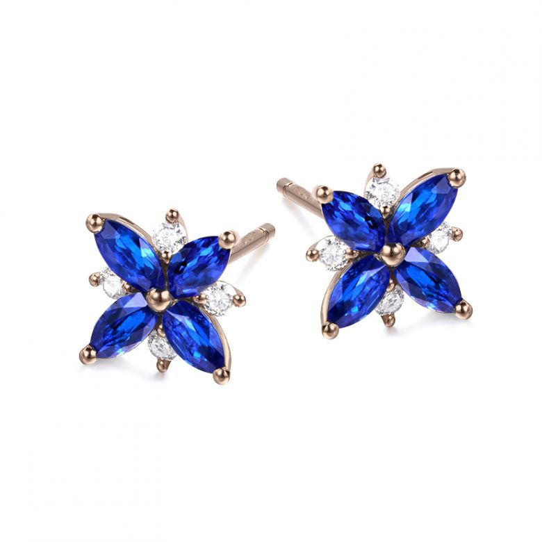 Boucle oreille fleur saphir bleu, diamant, or rose - Véronique des ruisseaux - 6