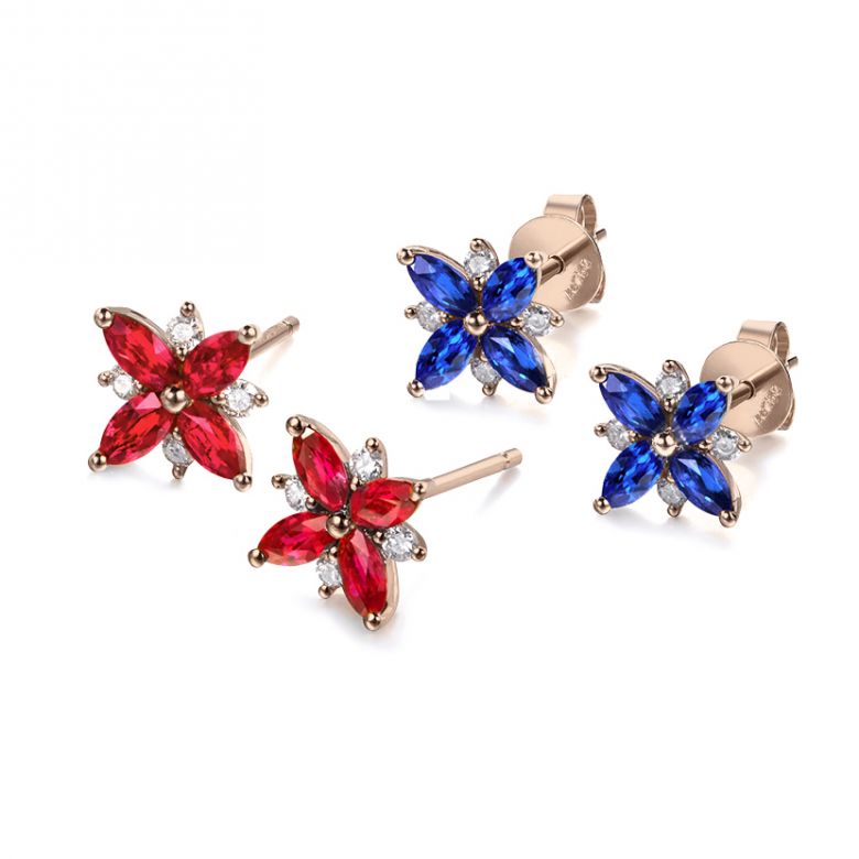 Boucle oreille fleur saphir bleu, diamant, or rose - Véronique des ruisseaux - 8