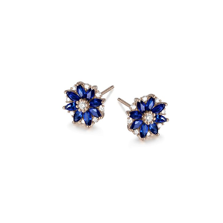 Boucle oreille Blue Mist, fleur de brume bleue - Saphir, diamant, Or rose - 1