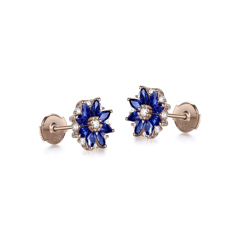 Boucle oreille Blue Mist, fleur de brume bleue - Saphir, diamant, Or rose - 5