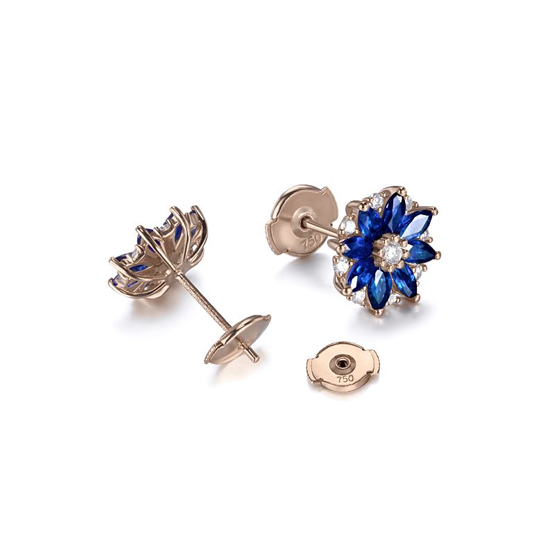 Boucle oreille Blue Mist, fleur de brume bleue - Saphir, diamant, Or rose - 6