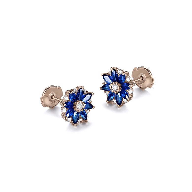 Boucle oreille Blue Mist, fleur de brume bleue - Saphir, diamant, Or rose - 8