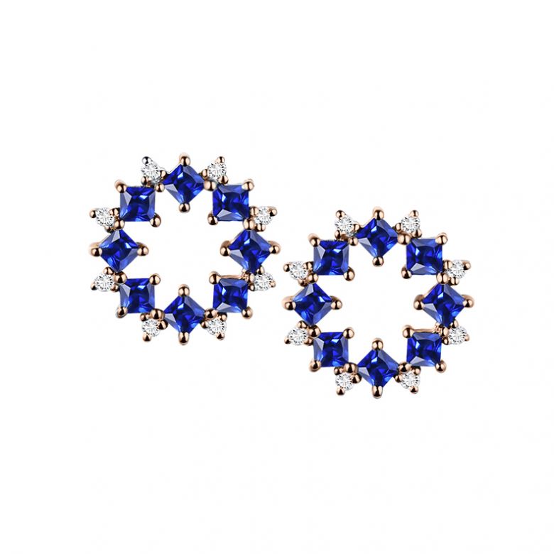 Boucle d oreille fleur de bleuet - Saphir, diamant, or rose - 1
