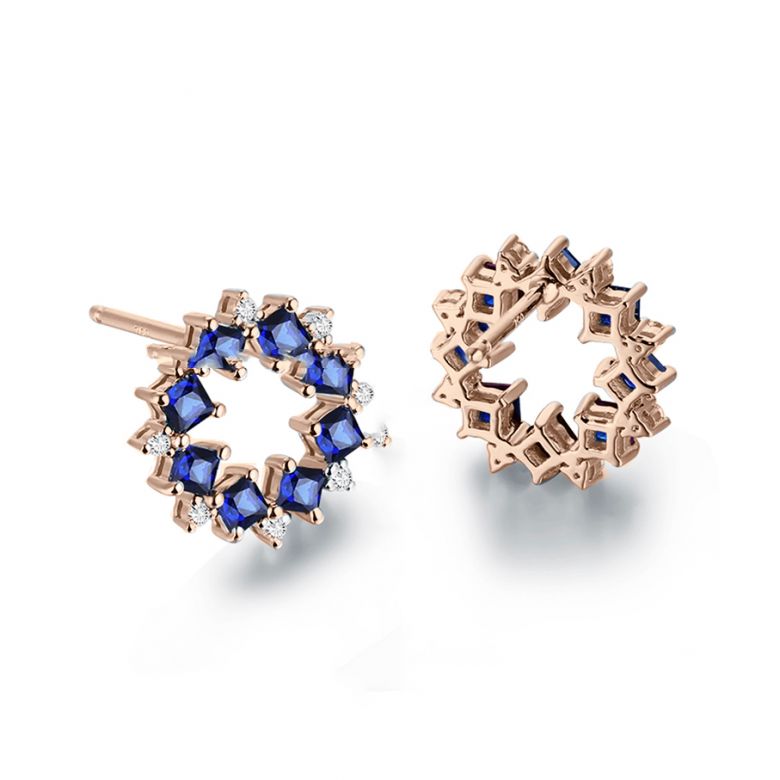 Boucle d oreille fleur de bleuet - Saphir, diamant, or rose - 2