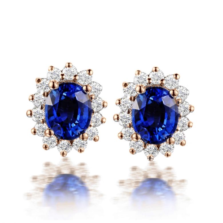 Boucle d oreille fleur de bleuet  Saphir, diamant or rose - 1