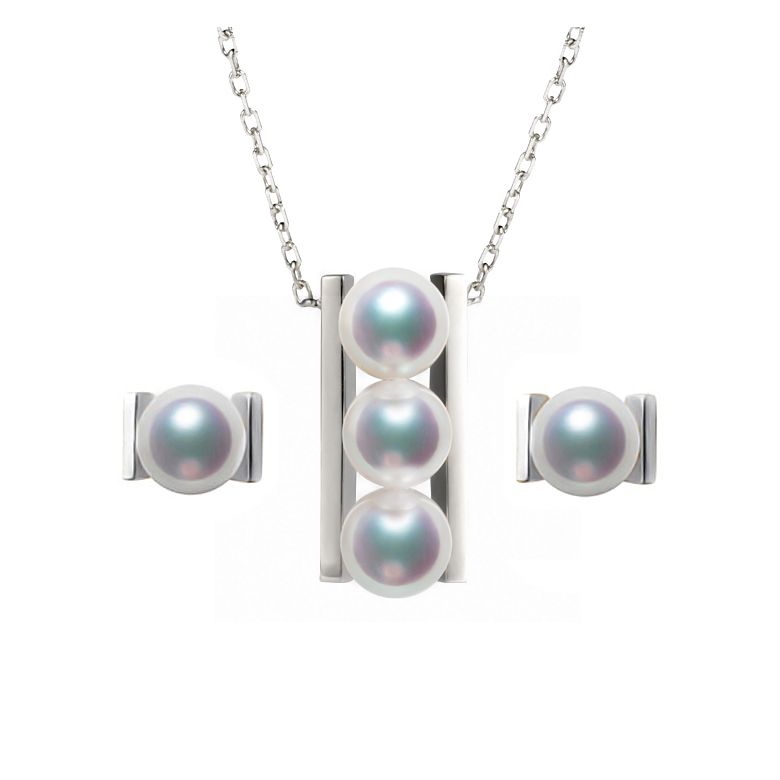 BIjoux pendentif et boucles géométriques. Or jaune, perles Akoya - 1