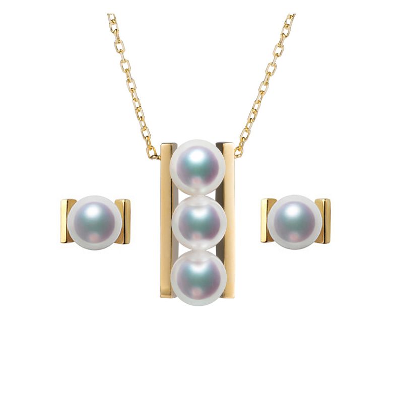 BIjoux pendentif et boucles géométriques. Or jaune, perles Akoya - 1