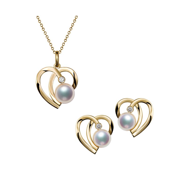Pendentif et Boucles coeurs stylisés. Perles Akoya, Or jaune - 1