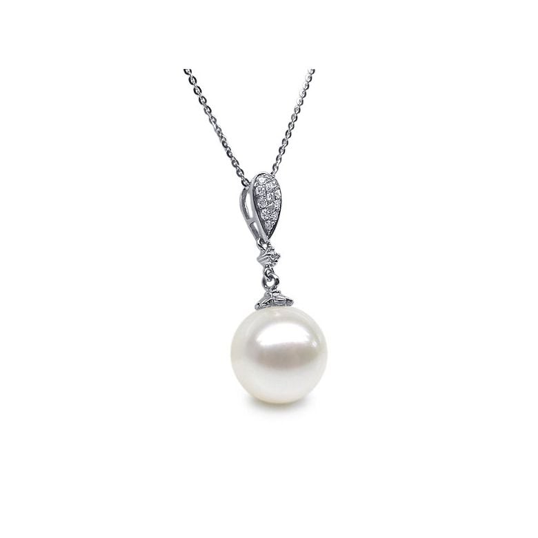 Pendentif goutte de diamants - Perle de culture blanche - Or blanc - 2