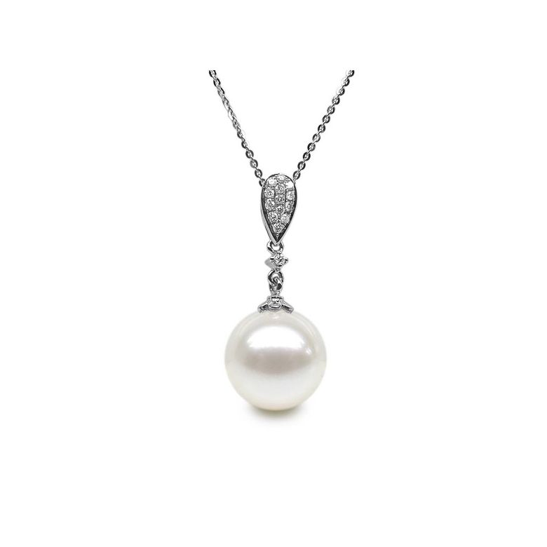 Pendentif goutte de diamants - Perle de culture blanche - Or blanc - 1