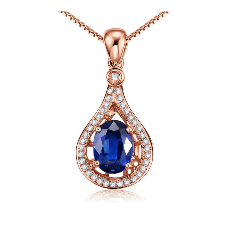 Saphir et diamant sur Or rose - Pendentif oval - 1