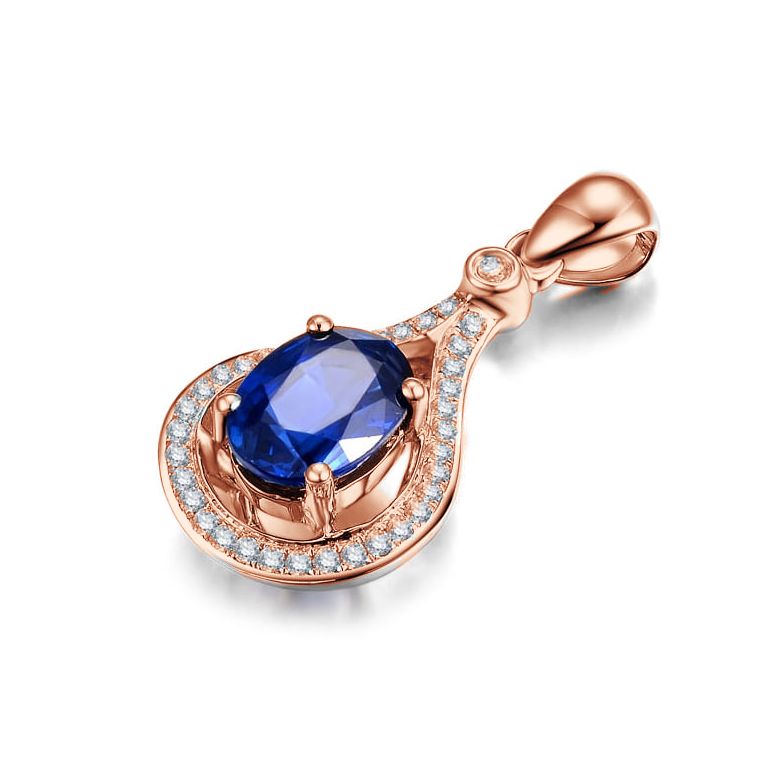 Saphir et diamant sur Or rose - Pendentif oval - 2