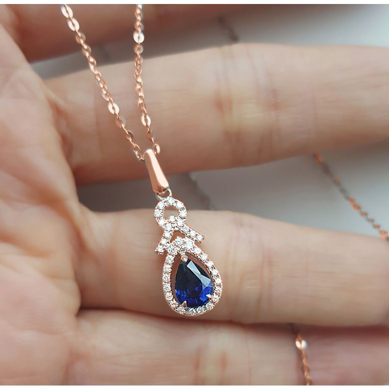 Pendentif Or rose 18 carats - Saphir et diamants en poire - 7
