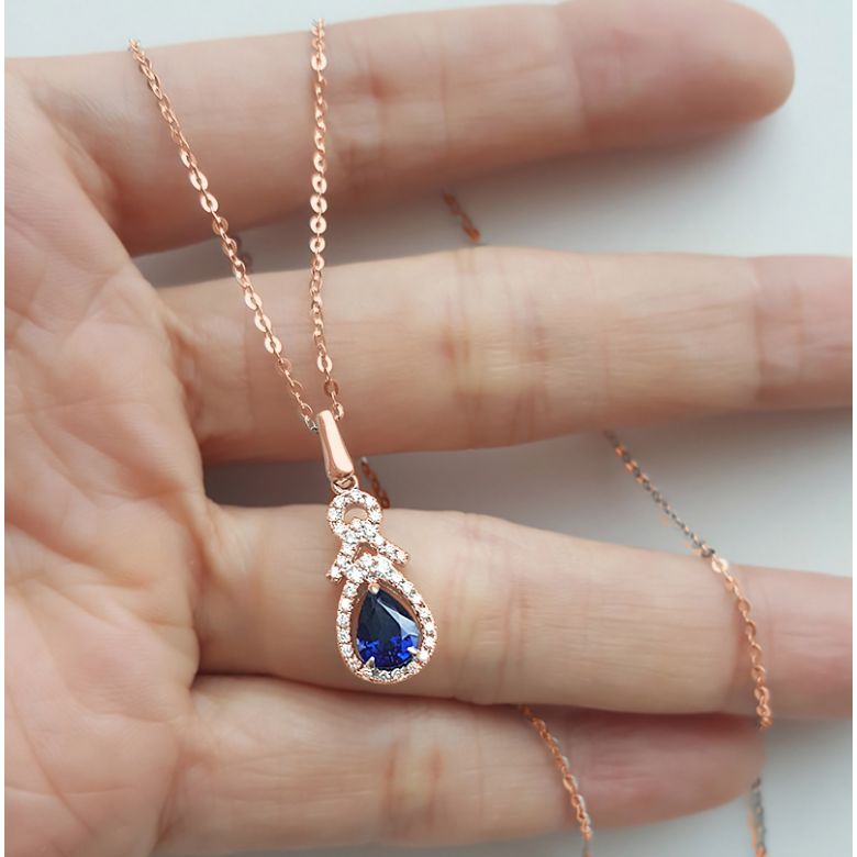 Pendentif Or rose 18 carats - Saphir et diamants en poire - 8