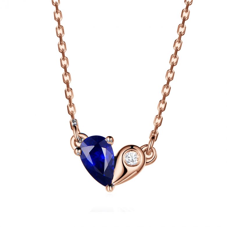 Pendentif coeur saphir et diamant. Or rose avec sa chaîne - 1