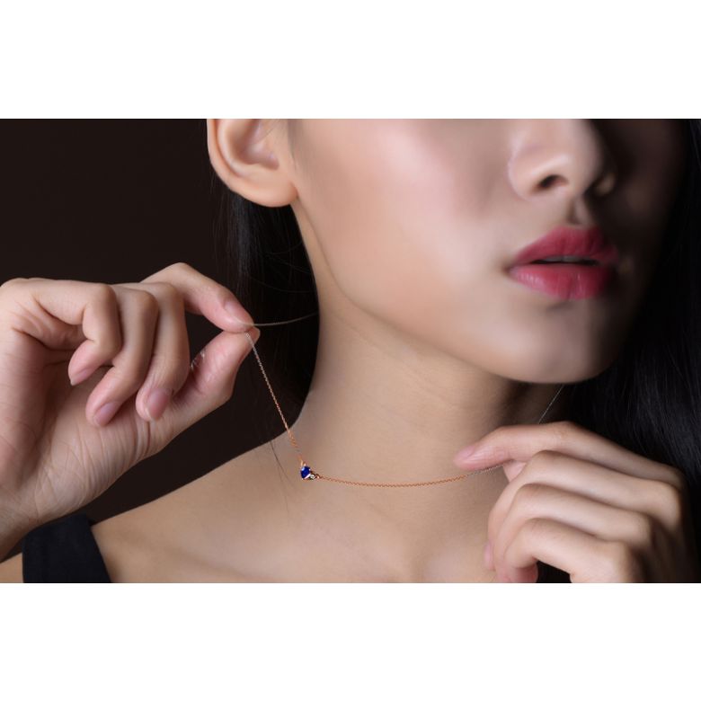 Pendentif coeur saphir et diamant. Or rose avec sa chaîne - 2
