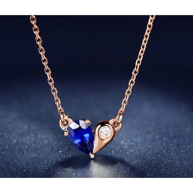 Pendentif coeur saphir et diamant. Or rose avec sa chaîne - 3