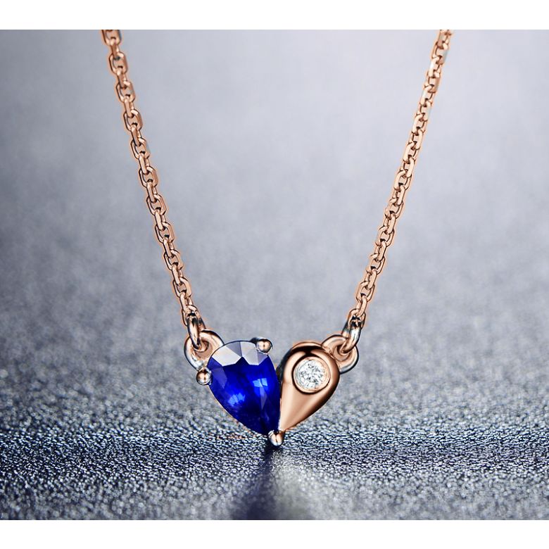 Pendentif coeur saphir et diamant. Or rose avec sa chaîne - 4