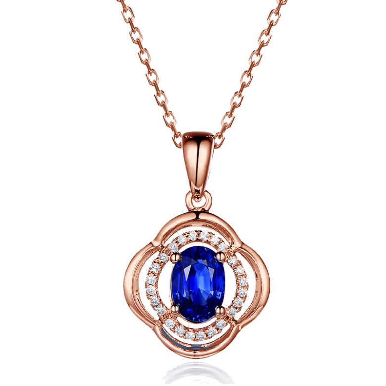 Pendentif saphir 1 carat. Breloque Or rose motif fleur - 1