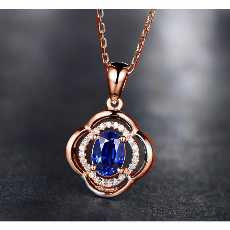 Pendentif saphir 1 carat. Breloque Or rose motif fleur - 7