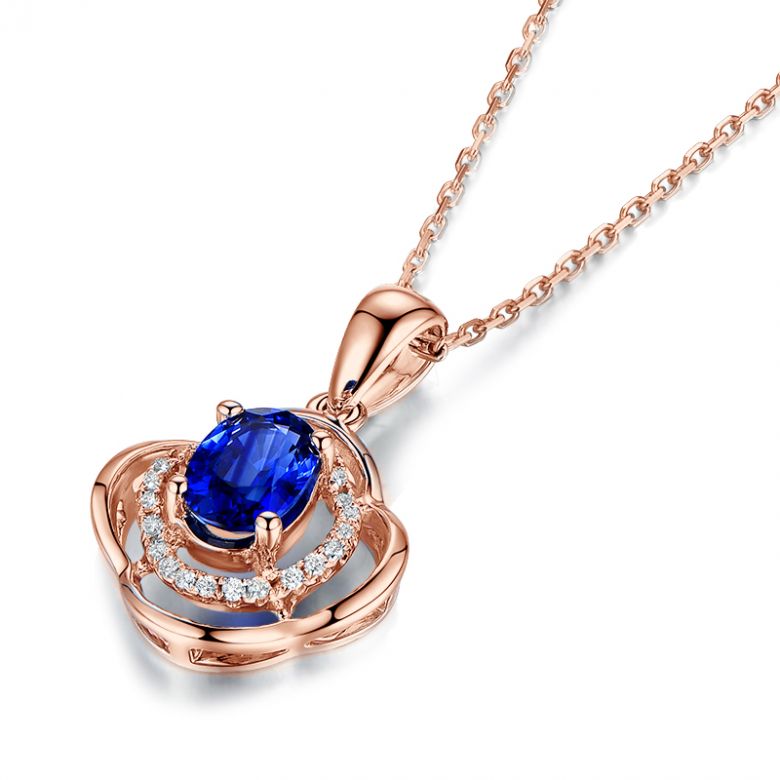 Pendentif saphir 1 carat. Breloque Or rose motif fleur - 8