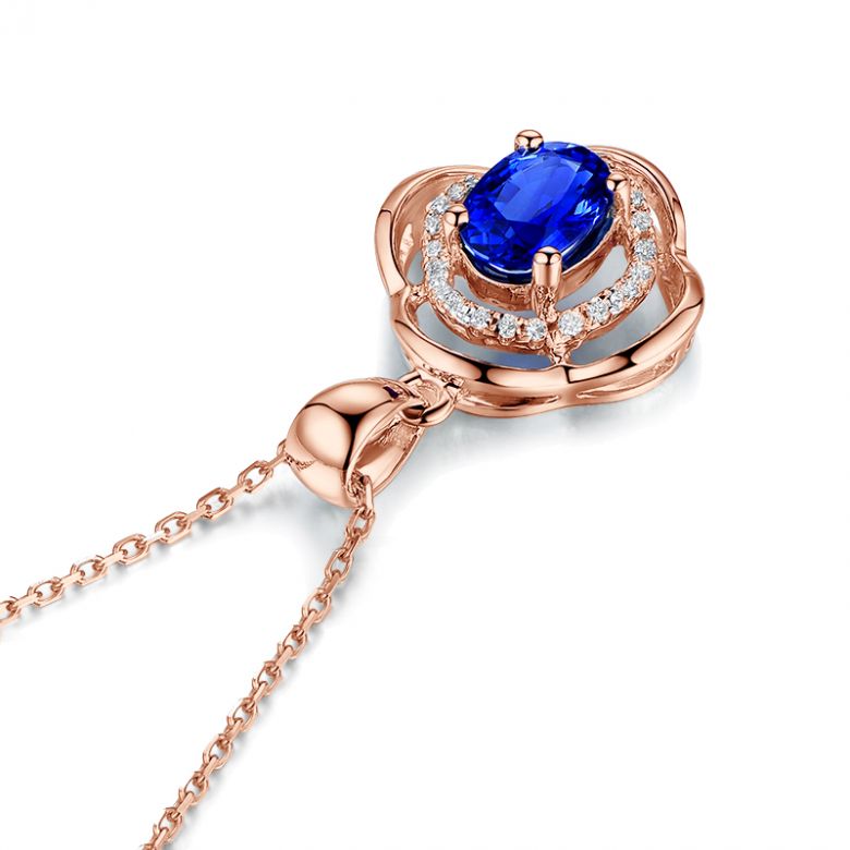 Pendentif saphir 1 carat. Breloque Or rose motif fleur - 9