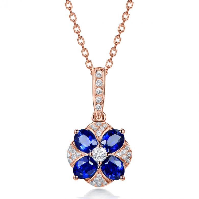 Pendentif solitaire fleur bleue. Or rose, saphirs et diamants - 1