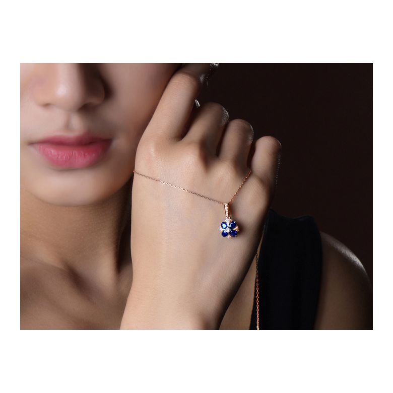 Pendentif solitaire fleur bleue. Or rose, saphirs et diamants - 2