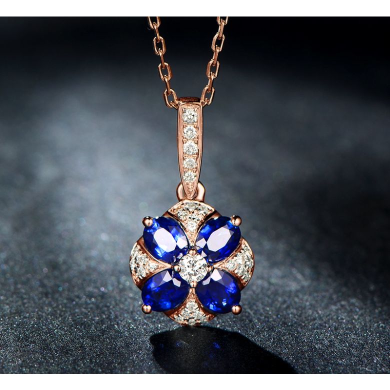 Pendentif solitaire fleur bleue. Or rose, saphirs et diamants - 3