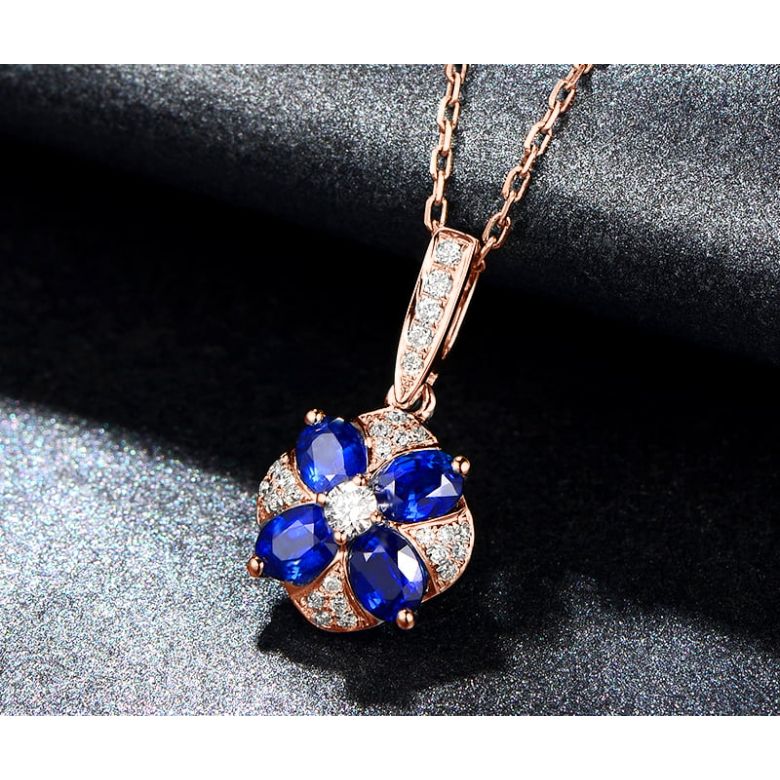 Pendentif solitaire fleur bleue. Or rose, saphirs et diamants - 5