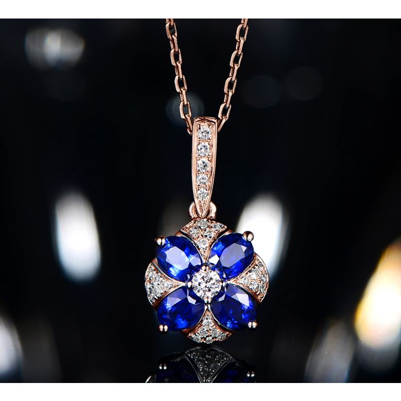 Pendentif solitaire fleur bleue. Or rose, saphirs et diamants - 7