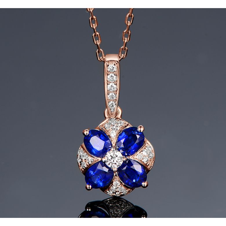 Pendentif solitaire fleur bleue. Or rose, saphirs et diamants - 8