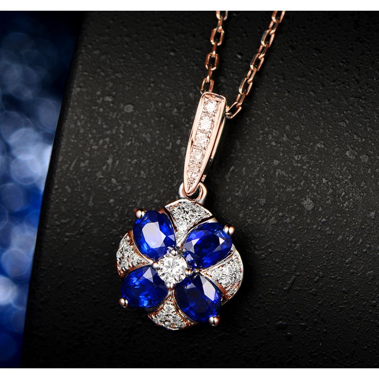 Pendentif solitaire fleur bleue. Or rose, saphirs et diamants - 9