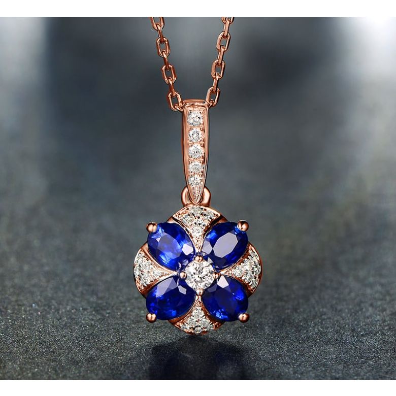 Pendentif solitaire fleur bleue. Or rose, saphirs et diamants - 10