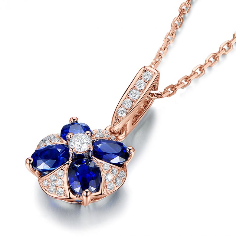 Pendentif solitaire fleur bleue. Or rose, saphirs et diamants - 11