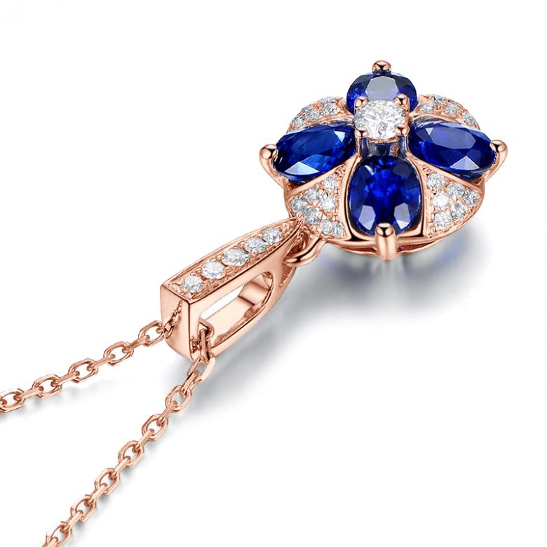 Pendentif solitaire fleur bleue. Or rose, saphirs et diamants - 12