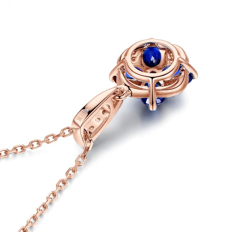 Pendentif solitaire fleur bleue. Or rose, saphirs et diamants - 13