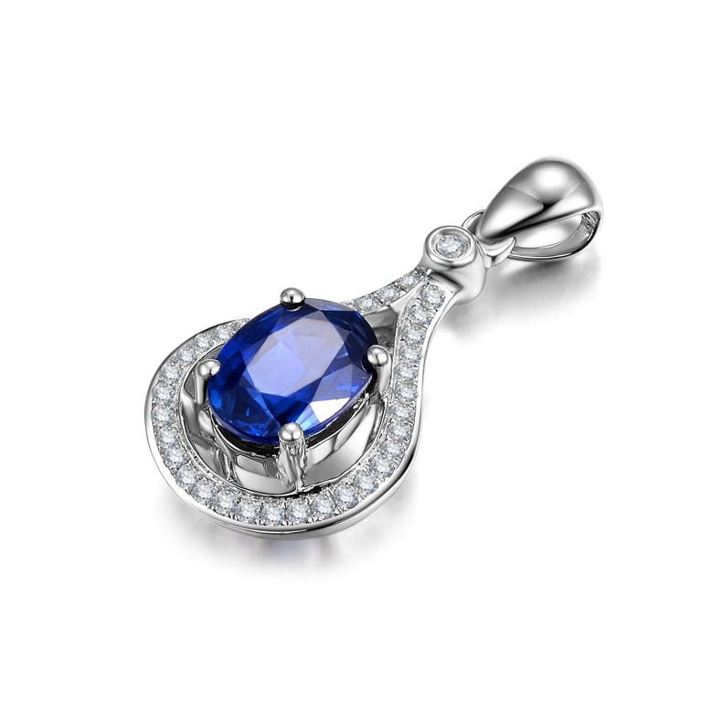 Saphir et diamant sur Or blanc - Pendentif oval - 2