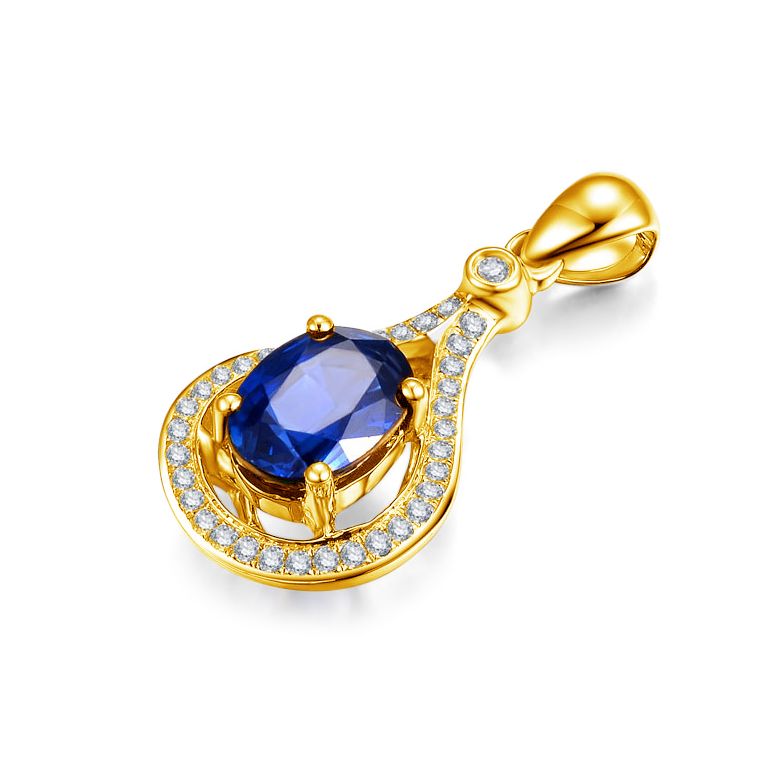 Saphir et diamant sur Or jaune - Pendentif oval - 2
