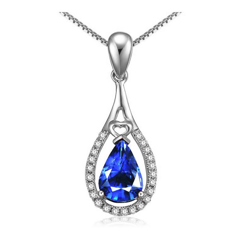 Pendentif goutte Or blanc 18 carats - Saphir et diamants - 1