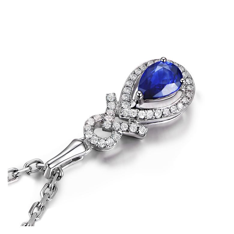 Pendentif Or blanc 18 carats - Saphir et diamants en poire - 4